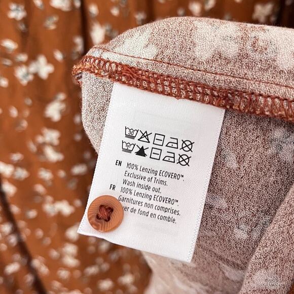 Tentree Willows Collared Tiered Long Sleeve Floral Dress Toffee Cornstalk Orange - Picture 9 of 9